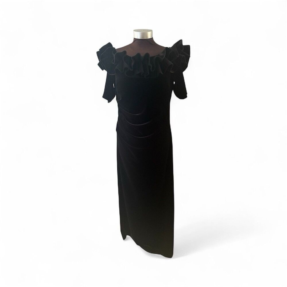 Xscape Long Velvet Dress Sz 14 Black Off the Shoulder Ruffle Slit Holiday Party